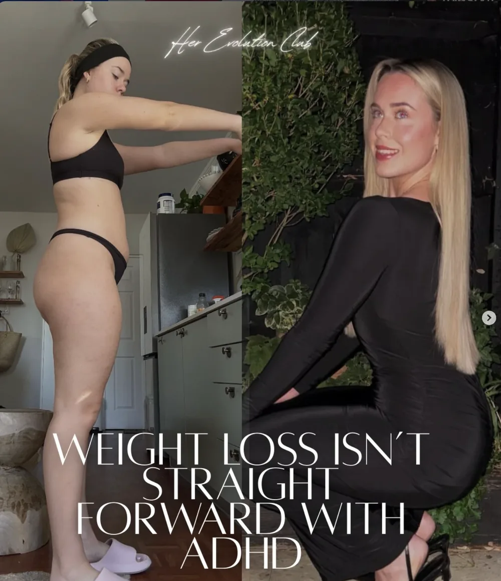 Amber before and after: in her kitchen on the left, in a black dress on a night out on the right