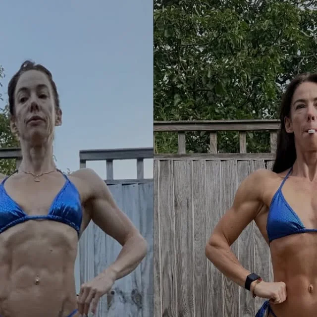 Nat before and after her reverse diet, in a blue bikini in her garden